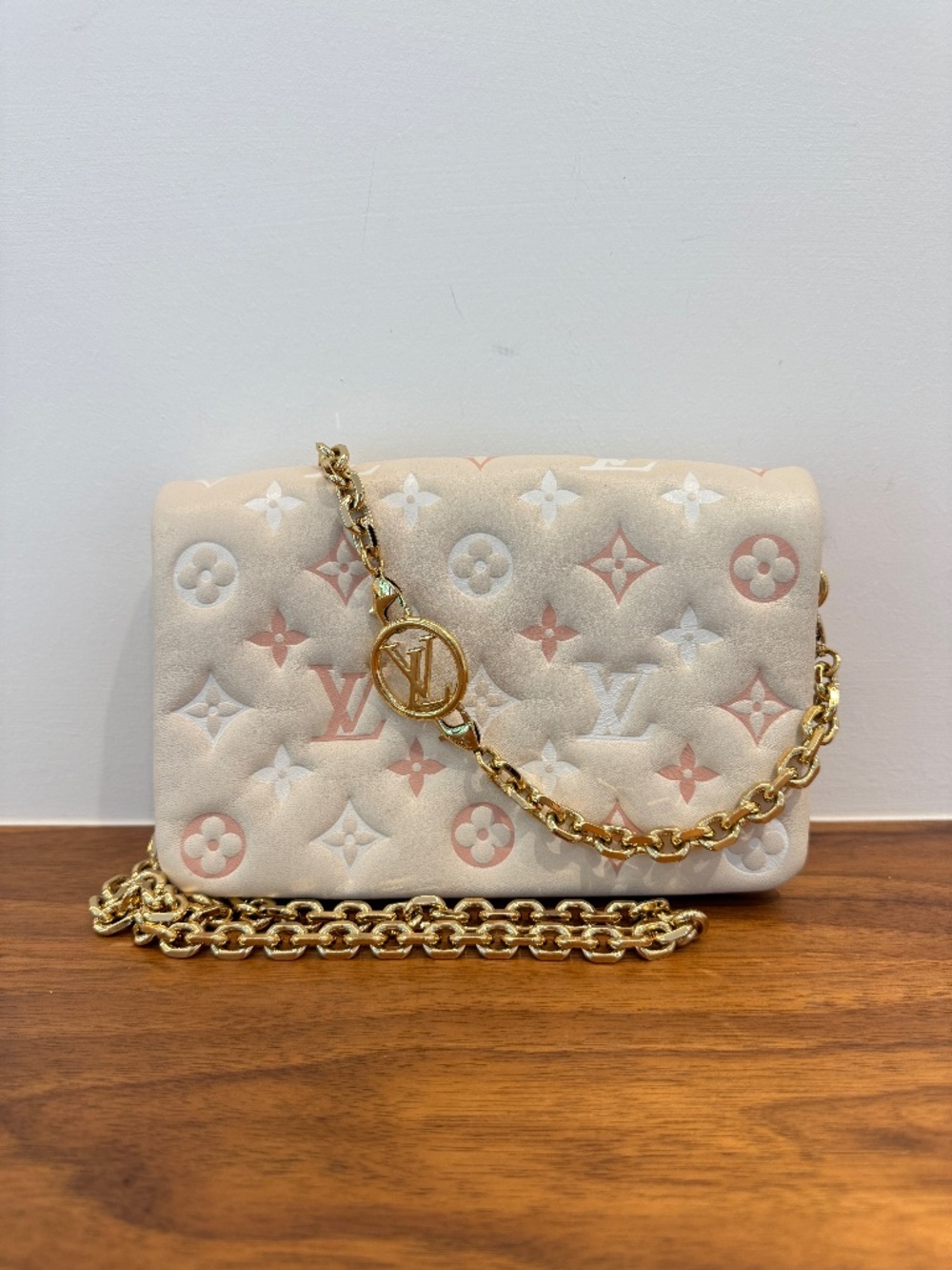 Louis Vuitton Lambskin Embossed Monogram Pochette Coussin Cream Pre-Owned